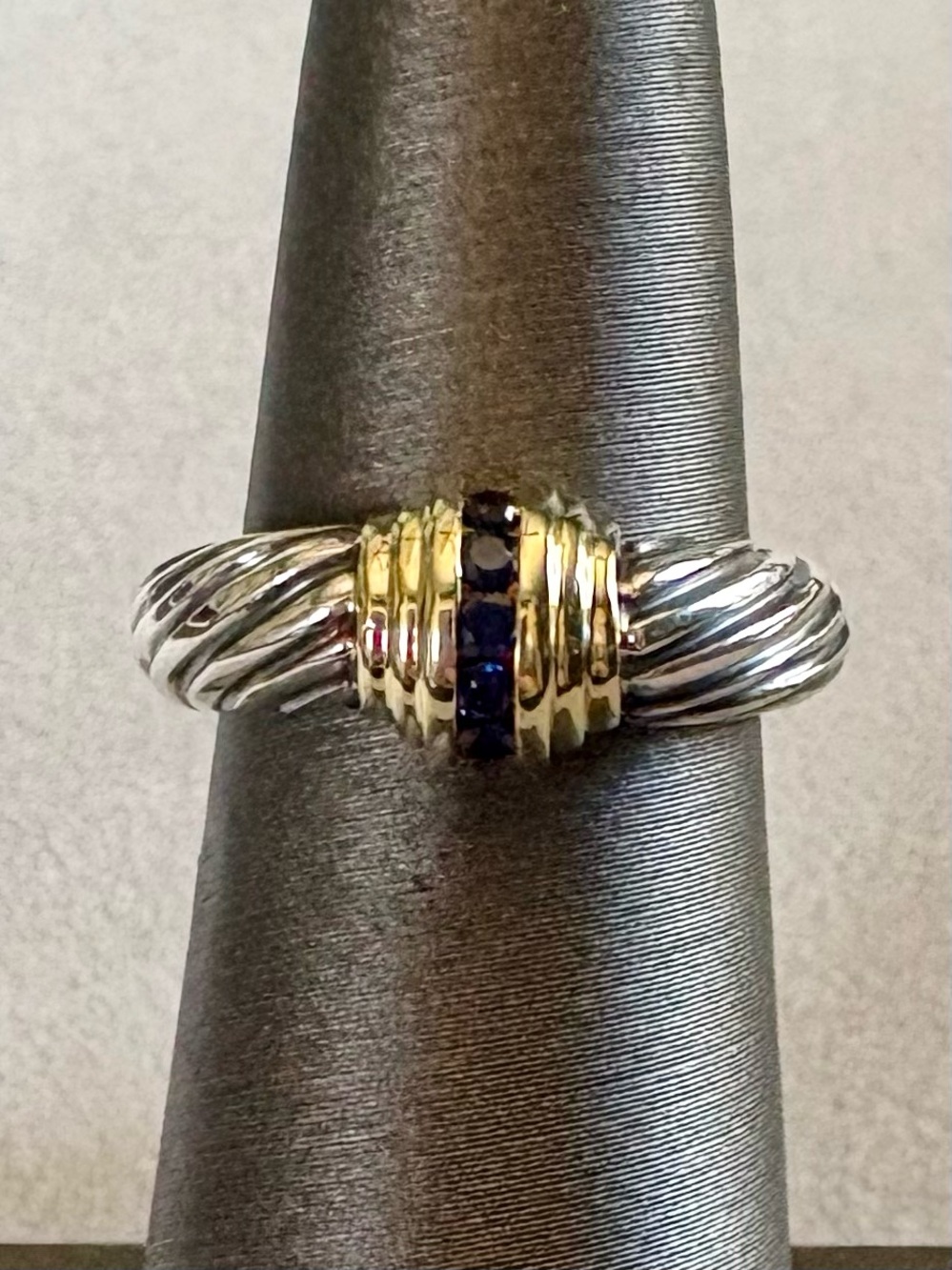 David Yurman Sterling Silver and 14K Gold Ring with Blue Sapphire Accents